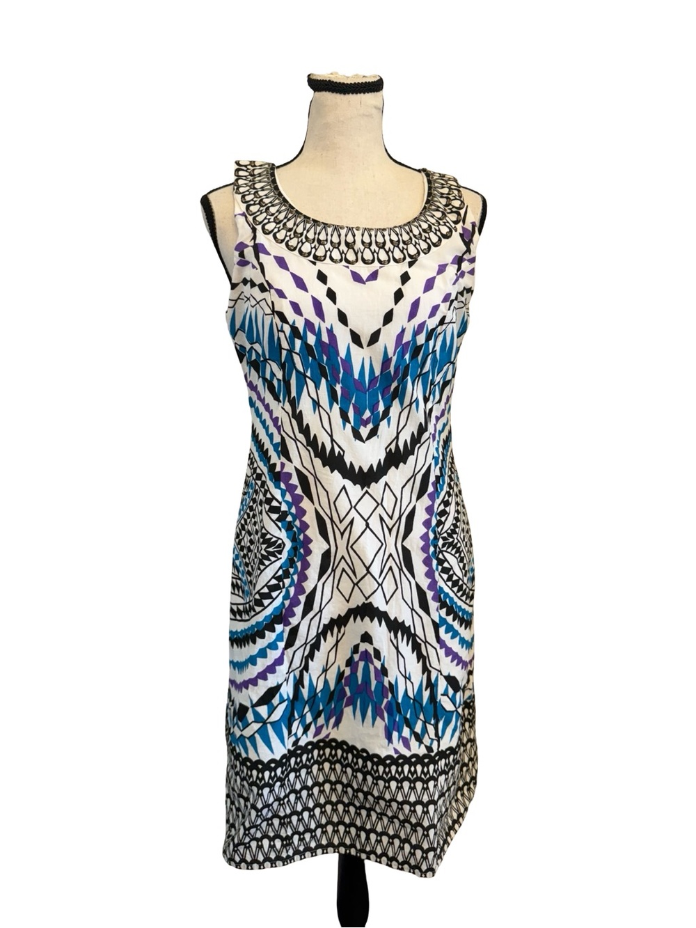 Belma New York Geometric Tribal Print Dress Medium Beaded Neckline Cotton